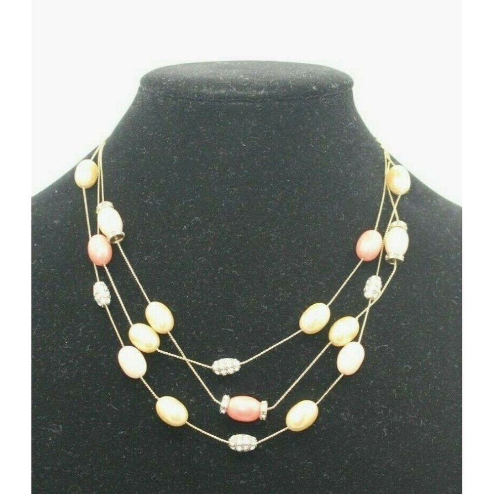 Monet Necklace Triple Strand Pink Signed Goldtone Clear Rhinestones Adjustable